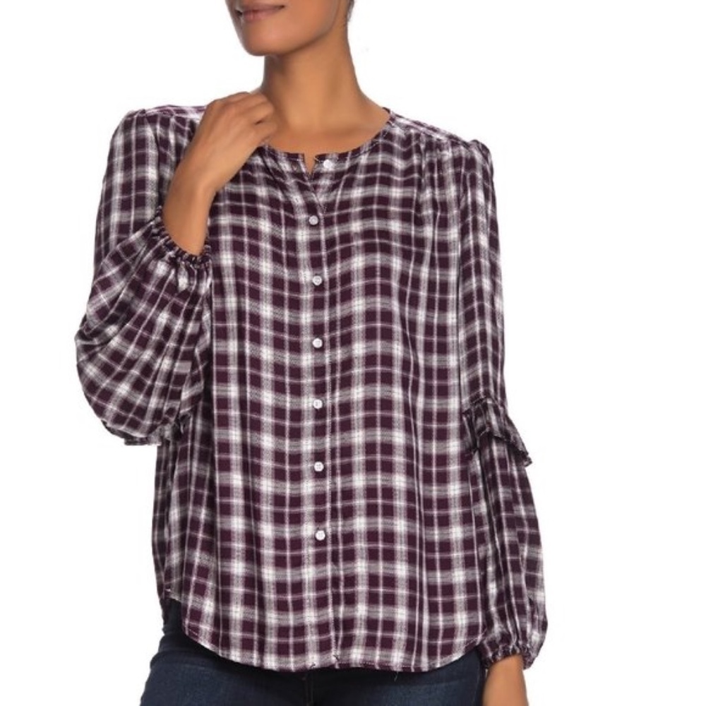 Max Studio Plaid Ruffle Sleeve Blouse